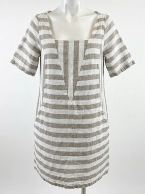 Lucy & Laurel Striped Linen Blend Tunic Dress Pockets Neutral Brown White Size M